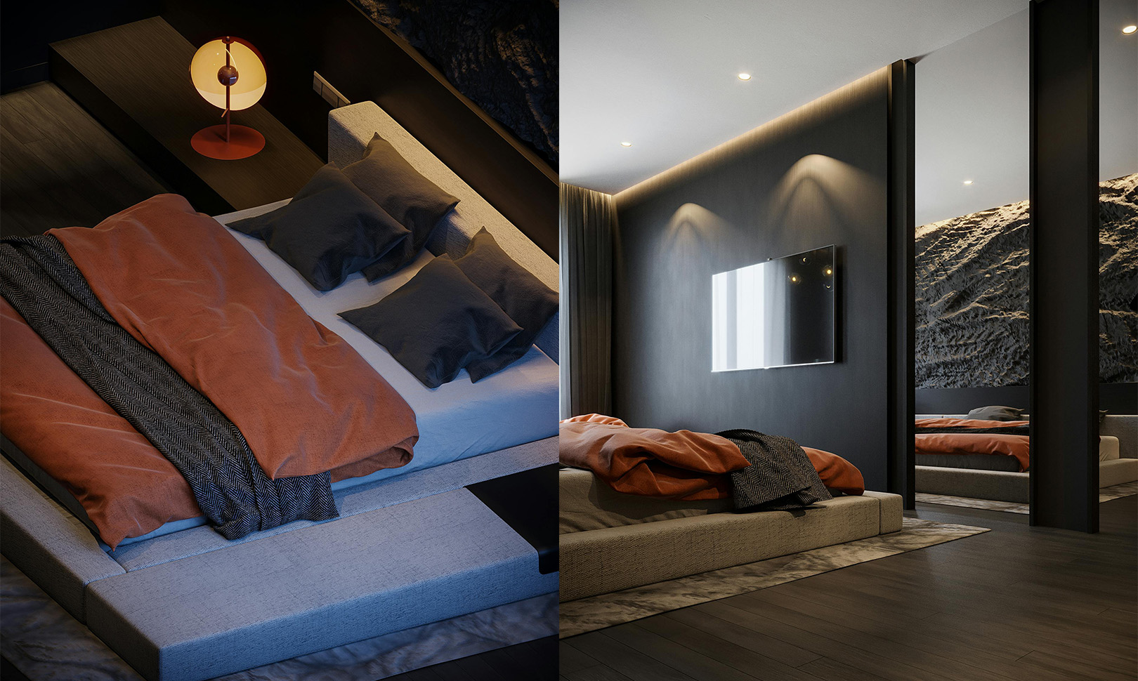 Contemporary lounge area with soft ambient lighting and warm textures